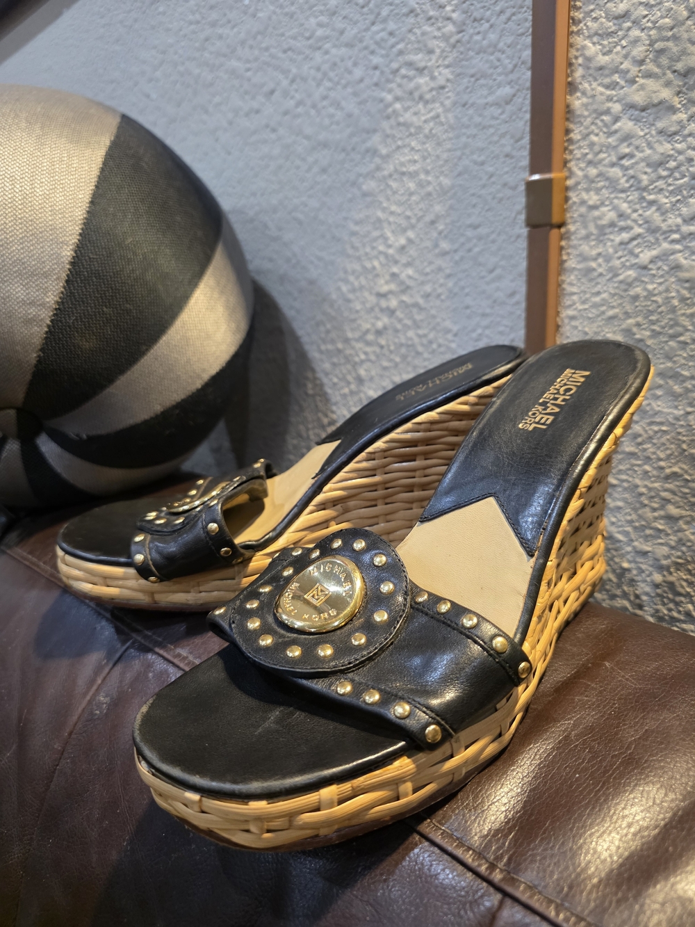 Michael Kors Black Leather Wedge Sandals
